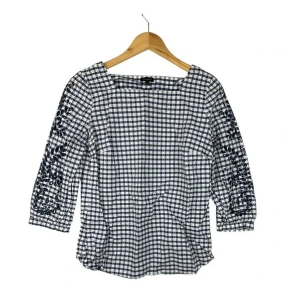 Talbots Navy Gingham Eyelet Trim Blouse Size XL Petite Square Neck 3/4 Sleeves - Picture 3 of 13
